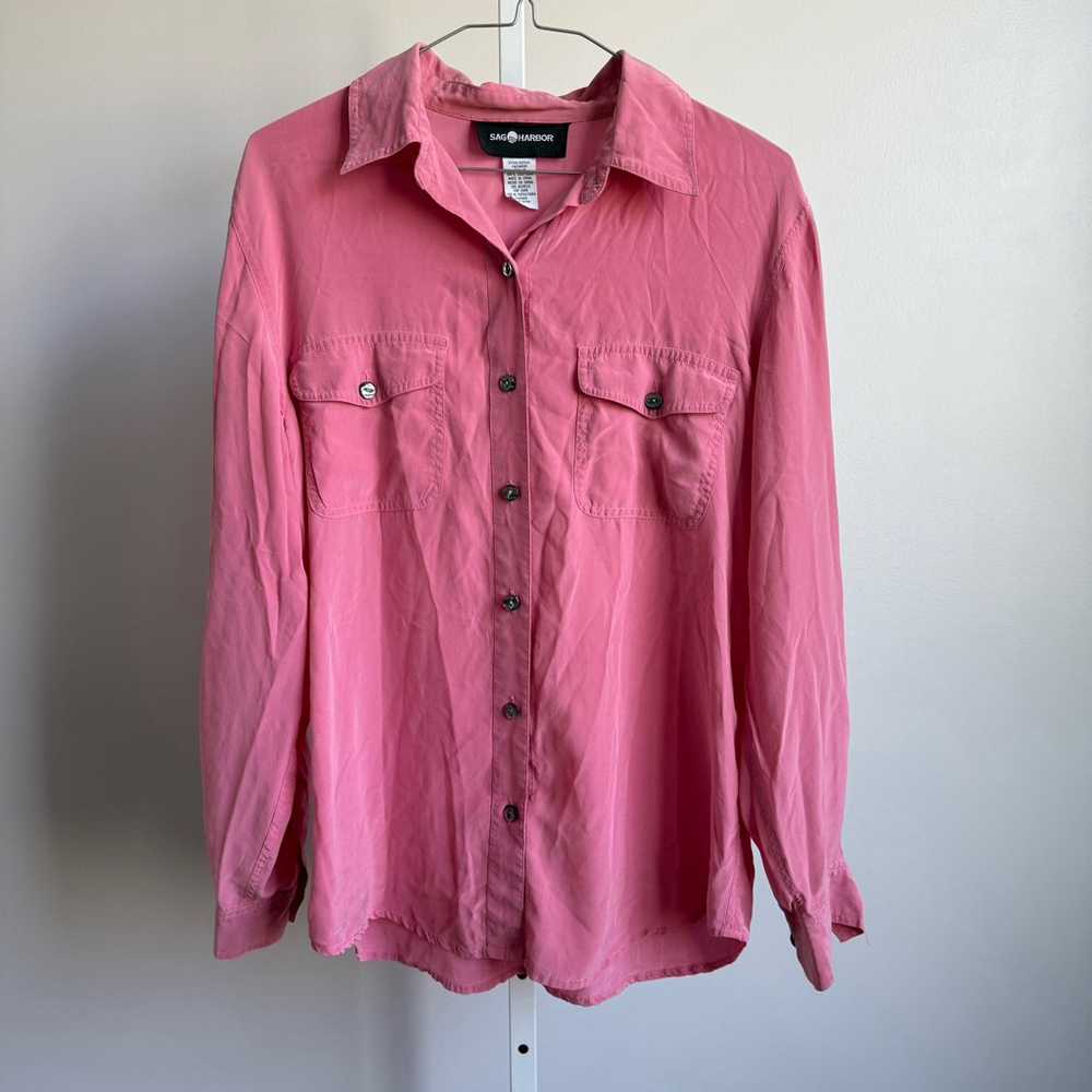 Sag Harbor sz 10 pink 100% silk VTG classic minimalist button blouse shirt